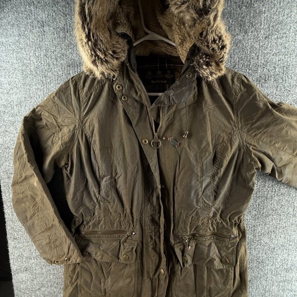 Barbour Kelsall Waxed Parka Size 10 US Jacket Women Full Zip Green Lined Hood - Picture 1 of 16